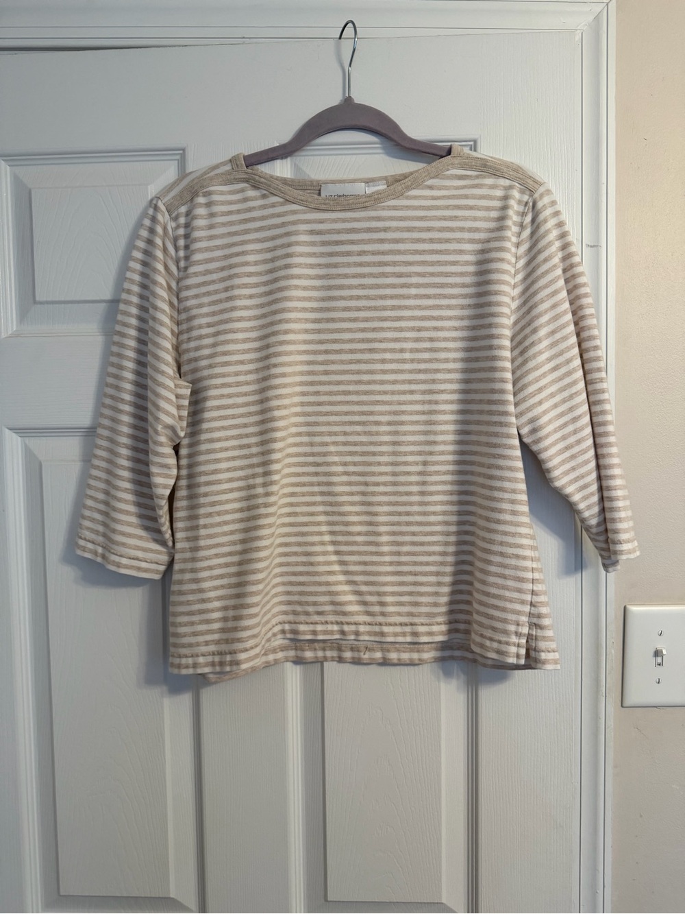 Liz Claiborne Cream and Tan Striped Boatneck Top